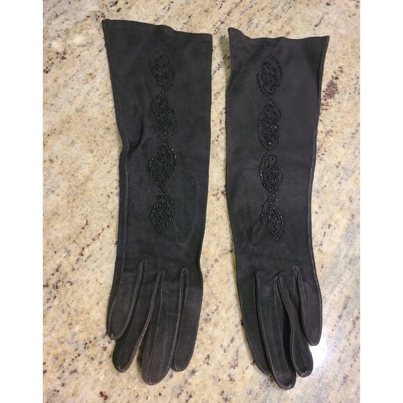 Vintage Antique? Size M 7 Brown Suede Elegant Beaded Formal 14" Long Gloves - Picture 1 of 16